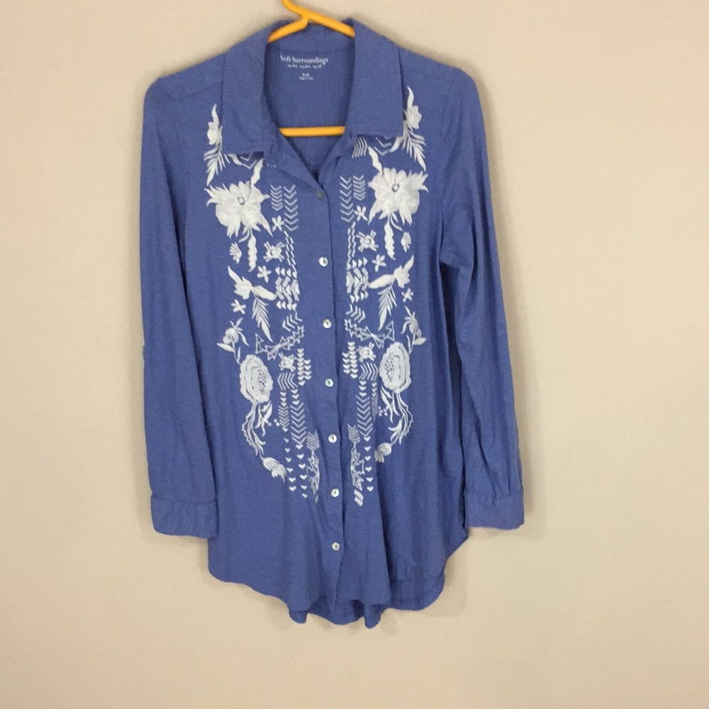 Soft Surroundings Blue Embroidered Button Down Shirt Top Size Small